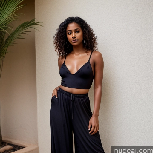 ai nude image of arafed woman in black top and wide legged pants standing against a wall pics of Small Tits Short Tanned Skin Dark Skin 20s Seductive Curly Hair Indian Harem Pants Dress Shirt