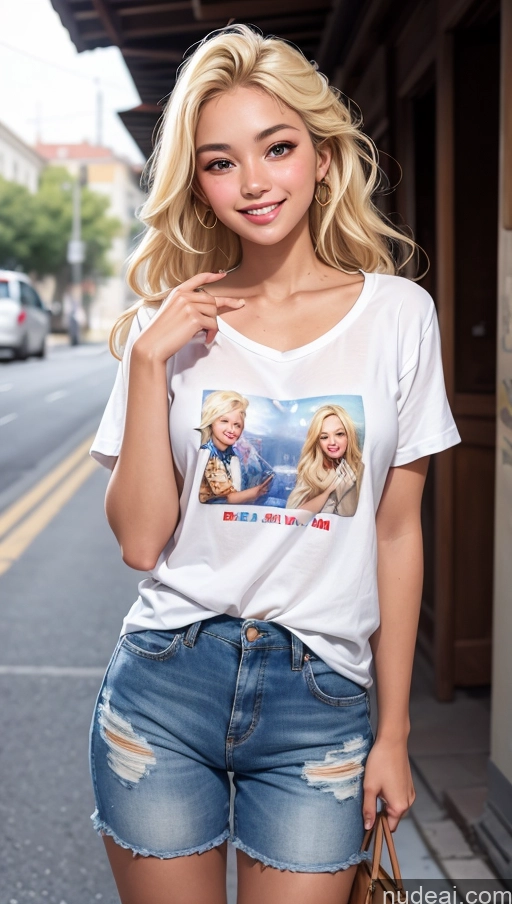 ai nude image of arafed blonde woman in a white shirt and ripped shorts posing for a picture pics of 18 Happy Blonde Slicked Egyptian Casual Tanned Skin