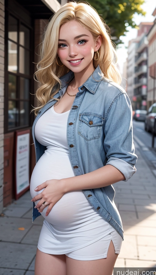 ai nude image of pregnant woman in white dress and denim jacket posing for a picture pics of 18 Happy Blonde Slicked Egyptian Casual Pregnant