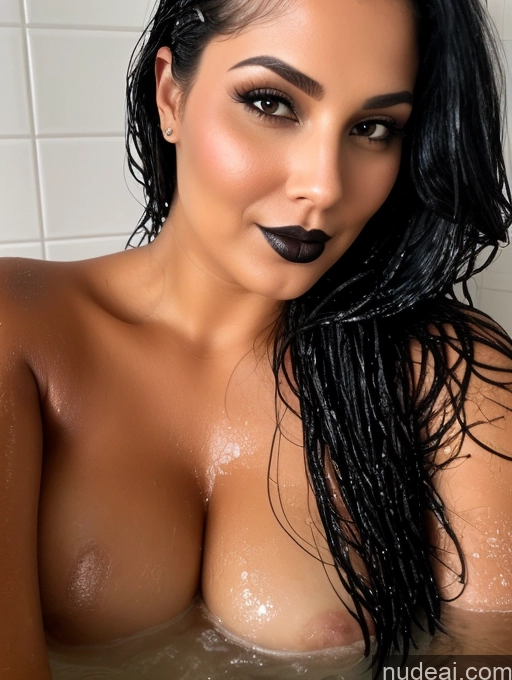 ai nude image of araffed woman with black lips and wet hair in a bathtub pics of Black Hair Long Hair Indian Nude Beautiful 30s Chubby Sexy Face Two Perfect Body Close-up View Shower Spreading Legs Goth