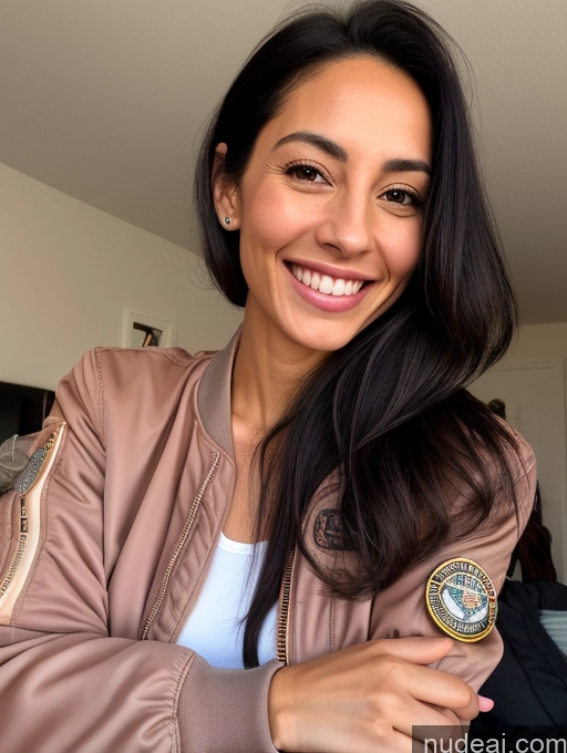 ai nude image of smiling woman in a pink jacket with a badge on her arm pics of Woman One Skinny Pubic Hair 30s Black Hair Slicked Native American Bomber Small Tits Happy