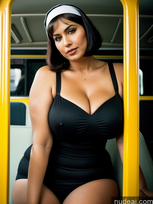 ai nude image of araffe woman in a black swimsuit sitting on a bus pics of Huge Boobs Milf 40s Seductive Black Hair Short Hair Indian Front View Bright Lighting Simple Cleavage Several Transparent Doctor Chubby Pubic Hair Tanned Skin Vintage Bus Bending Over Nun