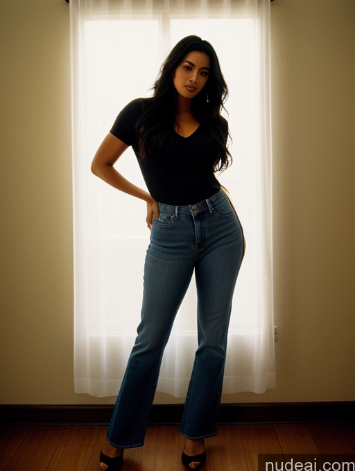 ai nude image of araffe woman in jeans and heels standing in front of a window pics of One Woman Beautiful Big Ass Perfect Body Long Hair Black Hair Brazilian Dark Lighting Sexy Face 20s Shirt Vintage Jeans