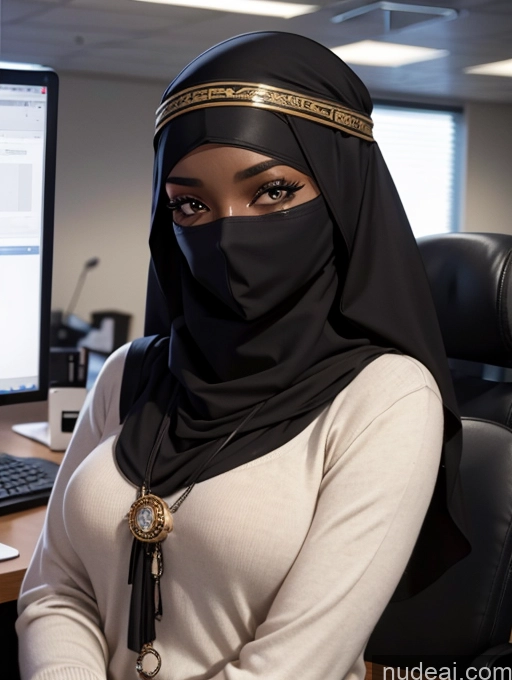 ai nude image of woman wearing a black hijab sitting in front of a computer pics of Niqab 18 Office African