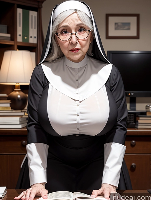 ai nude image of nun in glasses sitting at a desk with open book pics of Office Nun Secretary 80s Huge Boobs Bending Over