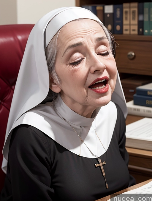 ai nude image of nun with open mouth sitting at desk in office with open book pics of Office Nun Secretary 80s Cumshot Orgasm