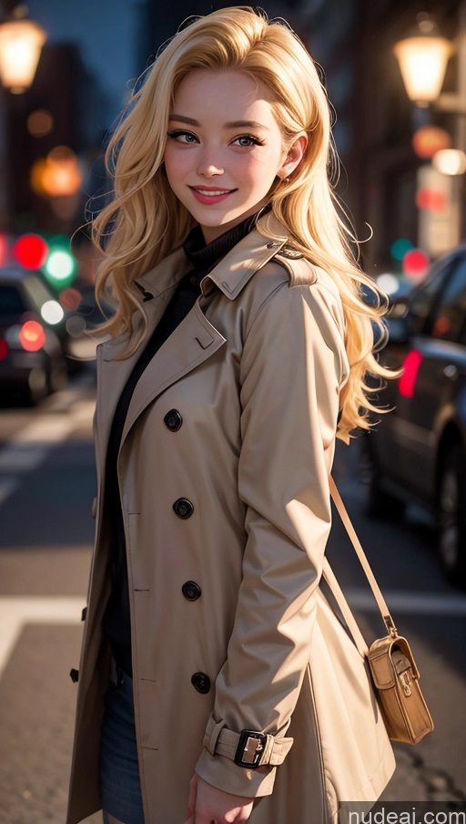 ai nude image of blonde woman in trench coat walking down street with purse in hand pics of 18 Happy Slicked Egyptian Blonde Street Dark Lighting Close-up View Boots Trench Coat