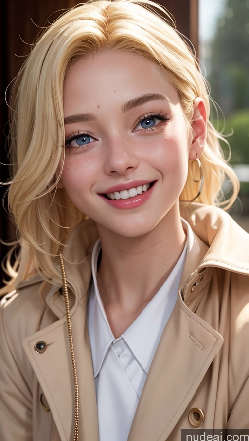 ai nude image of blonde woman with blue eyes and a tan coat smiling pics of 18 Happy Slicked Egyptian Blonde Close-up View Trench Coat