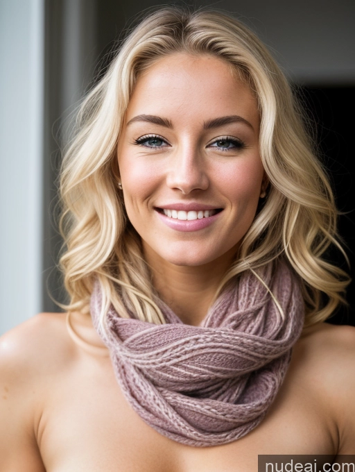 ai nude image of blond woman with a scarf on her neck smiling at the camera pics of Athlete Beautiful Perfect Body Sexy Face Curly Hair Nude Seductive Scarf Scandinavian Orgasm Laughing Happy