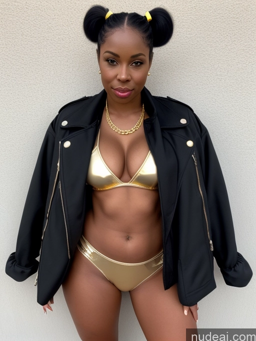 ai nude image of araffe woman in a gold bikini and black jacket posing for a picture pics of One Small Tits Big Ass Thick Big Hips Short 20s Pigtails Black Front View Boots Gloves Hip Hop Jacket Micro Skirt Sports Bra Thong Partially Nude Gold Jewelry Alternative Milf