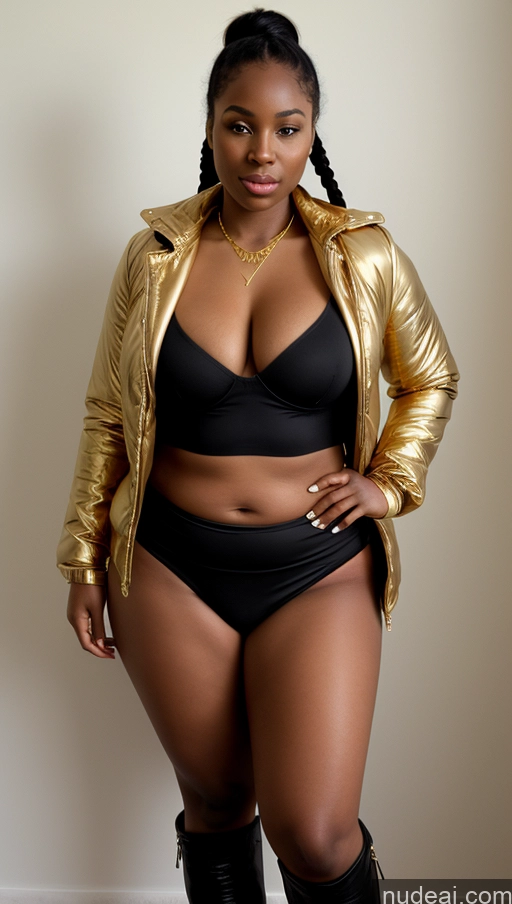 ai nude image of there is a woman in a gold jacket and black underwear pics of One Big Ass Thick Big Hips Short 20s Pigtails Front View Boots Gloves Hip Hop Jacket Micro Skirt Sports Bra Thong Partially Nude Gold Jewelry Alternative African Fat Chubby Perfect Boobs Small Tits Lingerie Model