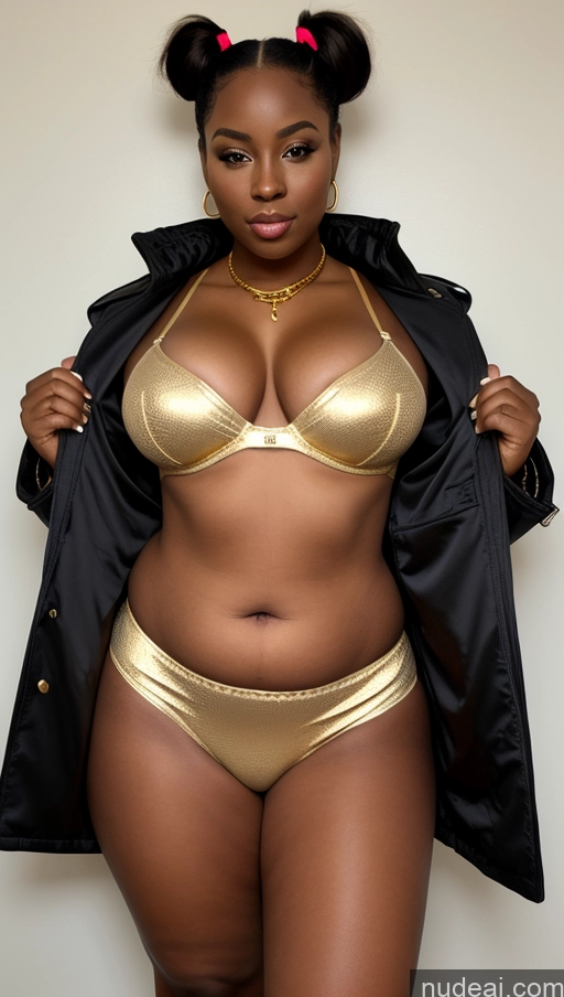 ai nude image of araffe woman in a gold bikini and jacket posing for a picture pics of One Big Ass Thick Big Hips Short 20s Pigtails Front View Boots Gloves Hip Hop Jacket Micro Skirt Sports Bra Thong Partially Nude Gold Jewelry Alternative African Fat Chubby Perfect Boobs Small Tits Lingerie Model