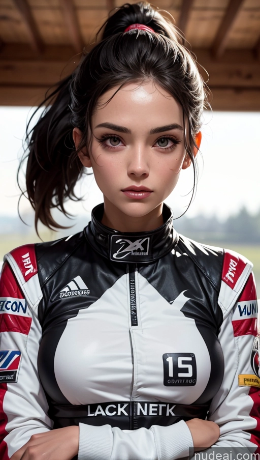 ai nude image of arafed woman in a racing uniform posing for a picture pics of One Perfect Boobs Perfect Body 20s Skin Detail (beta) Small Tits Beautiful Detailed Ponytail Face Mask Race Driver Black Hair Spanish Sports