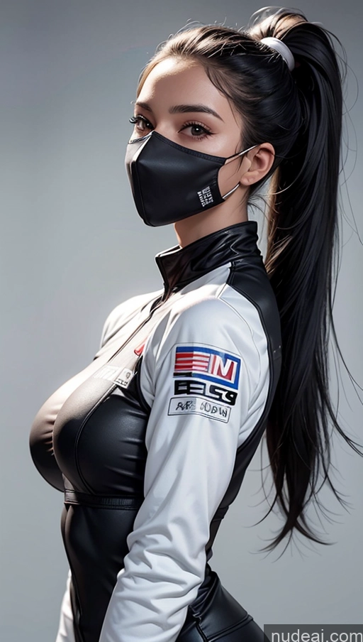 ai nude image of arafed woman in a black and white outfit and a mask pics of One Perfect Boobs Perfect Body 20s Skin Detail (beta) Small Tits Beautiful Ponytail Race Driver Black Hair Spanish Sports Face Mask