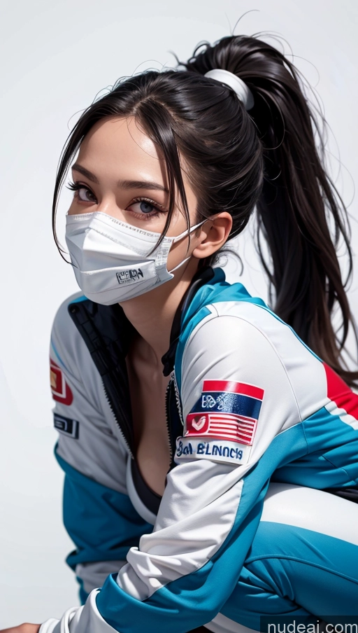 ai nude image of arafed woman in a white and blue jacket and a mask pics of One Perfect Boobs Perfect Body 20s Skin Detail (beta) Small Tits Beautiful Ponytail Race Driver Black Hair Spanish Sports Face Mask Squatting