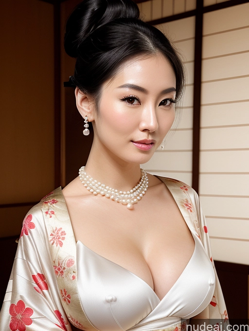 ai nude image of araffe asian woman in a kimono dress posing for a picture pics of Perfect Boobs Perfect Body Fairer Skin Black Hair Sexy Face Hair Bun Japanese Onsen Kimono Cleavage Pearl Jewelry Jewelry