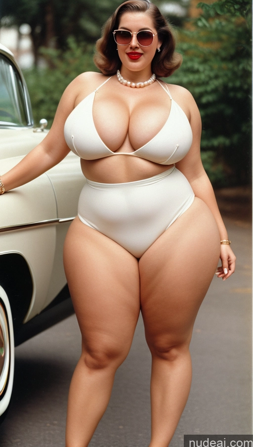 ai nude image of araffe woman in a white swimsuit standing next to a car pics of Huge Boobs Perfect Boobs Beautiful Big Ass Thick Big Hips Perfect Body Cleavage Fairer Skin 60s Lipstick Tall Chubby Abs Pearl Jewelry Laughing French Vintage Slicked Sunglasses Casual Suit