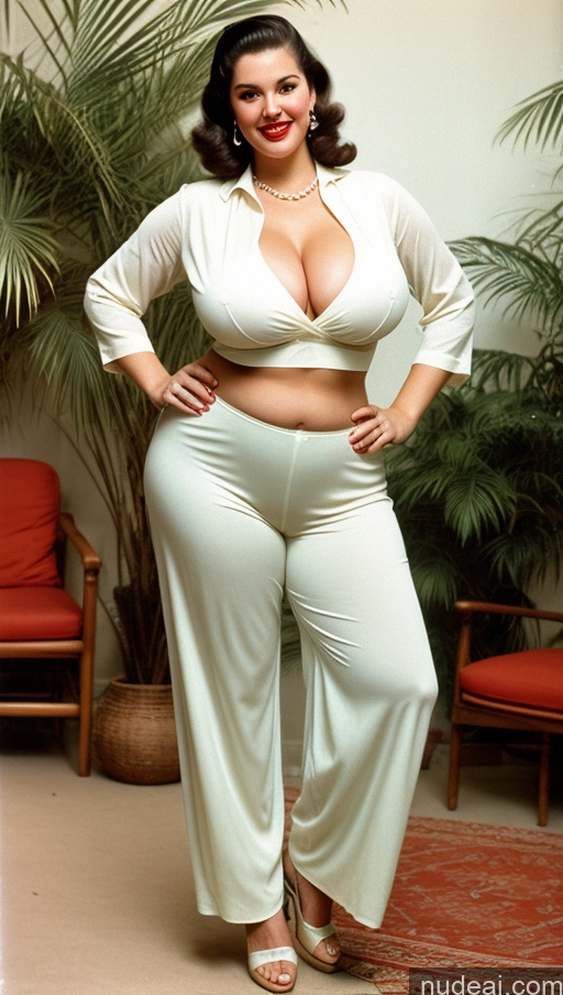 ai nude image of araffe woman in white top and pants posing for a picture pics of Huge Boobs Perfect Boobs Beautiful Big Ass Thick Big Hips Perfect Body Cleavage Fairer Skin 60s Lipstick Tall Chubby Abs Pearl Jewelry Laughing French Vintage Slicked Shirt Harem Pants