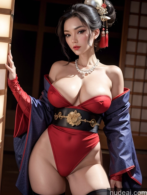 ai nude image of araffe asian woman in a red and blue outfit posing for a picture pics of Perfect Boobs Perfect Body Fairer Skin 50s Black Hair Ponytail Japanese Onsen Fantasy Armor Geisha Kimono Thigh Socks Cleavage Jewelry Pearl Jewelry Sexy Face