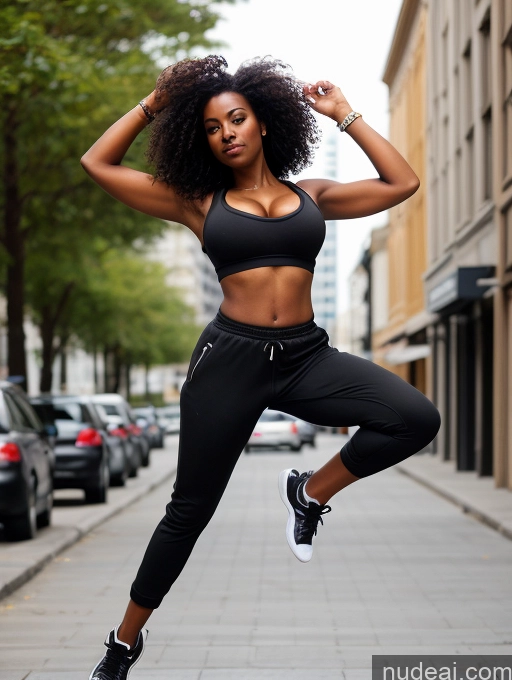 ai nude image of arafed woman in a black sports bra top and black pants doing a jump pics of Busty Abs Tanned Skin Dark Skin Black Hair Curly Hair Black Street Dynamic View Jumping Casual Hip Hop Sports