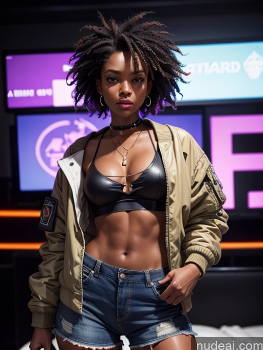 ai nude image of there is a woman in a black bra top and denim shorts pics of Tanned Skin Dark Skin Black Hair Black Dynamic View Jumping Casual Hip Hop Sports Detailed Tribal Cyberpunk Club Bomber Small Tits Skinny Short Messy