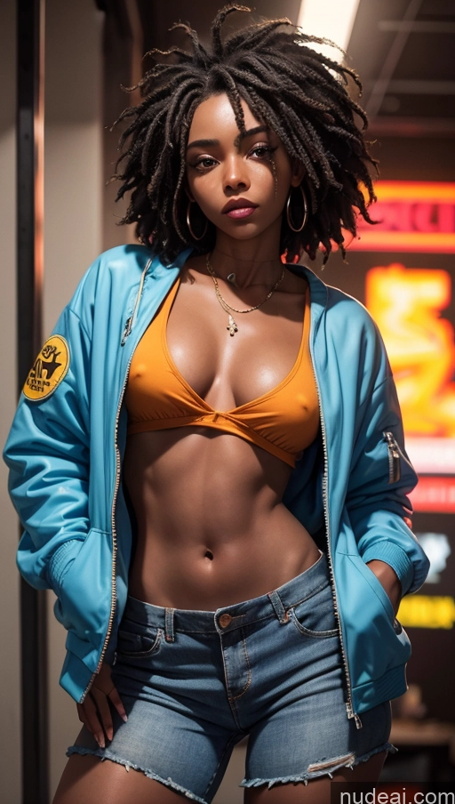 ai nude image of arafed woman in a blue jacket and shorts posing for a picture pics of Tanned Skin Dark Skin Black Hair Black Dynamic View Casual Hip Hop Sports Detailed Tribal Cyberpunk Club Bomber Small Tits Skinny Short Messy Beautiful Onesie Stylish