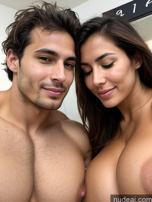 ai nude image of arafed man and woman posing for a selfie in a bathroom pics of Two Woman + Man Huge Boobs Busty Perfect Boobs Beautiful Tanned Skin Big Ass 20s Orgasm Sexy Face Messy Portuguese Skin Detail (beta) Gym Close-up View Spreading Legs Nude Detailed