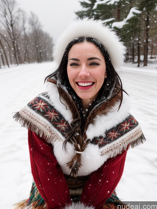 ai nude image of smiling woman in red coat and white fur hat in snow pics of Pubic Hair Black Hair Native American Skinny Small Tits Woman One 20s Laughing Traditional Snow