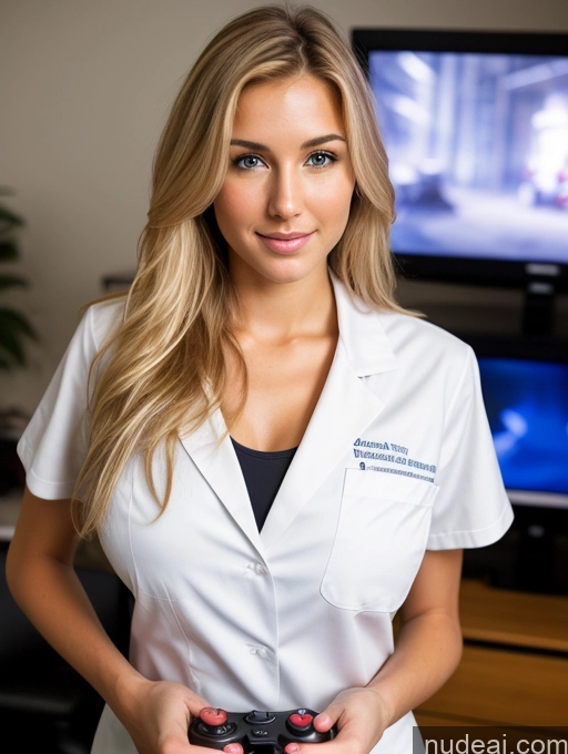 ai nude image of blond woman in white lab coat holding a video game controller pics of Woman One Huge Boobs Perfect Body 18 Sexy Face Long Hair Blonde German Front View Gaming Doctor