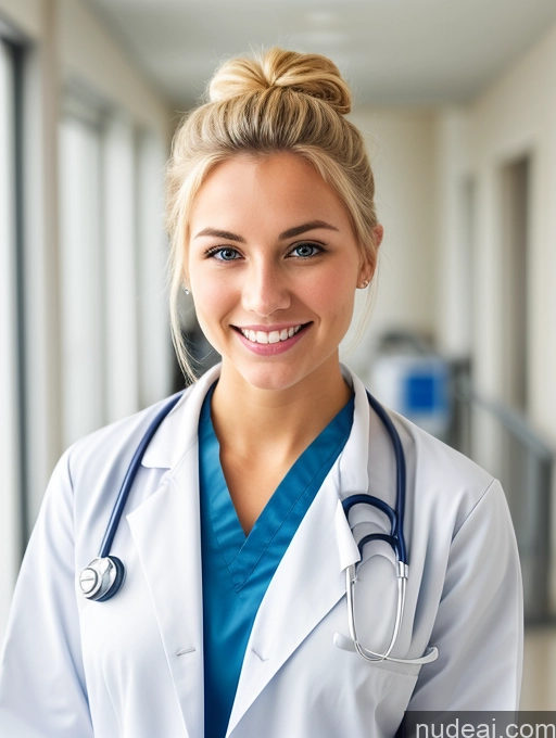 ai nude image of arafed female doctor in a white coat and blue scrubs pics of 18 Beautiful Skinny Front View Doctor Hospital Blonde Happy Swedish Hair Bun Sexy Face