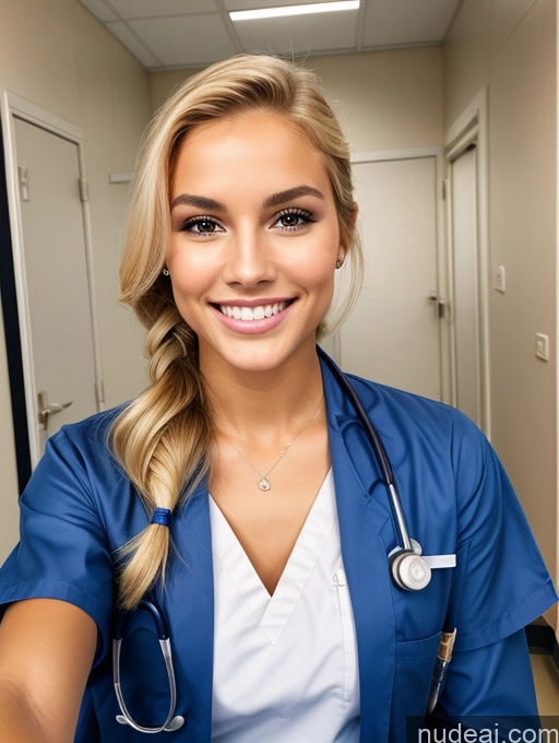 ai nude image of arafed woman in a blue scrub suit and a stethoscope pics of 18 Beautiful Skinny Front View Doctor Hospital Happy Swedish Sexy Face Ponytail Miss Universe Model Blonde