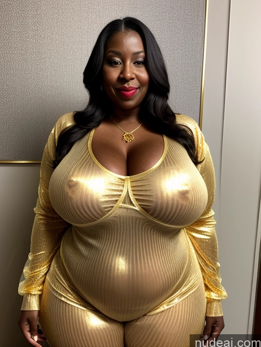 ai nude image of araffe woman in a shiny gold outfit posing for a picture pics of Milf 80s Huge Boobs Busty Lipstick Perfect Boobs Big Ass Big Hips Chubby Pubic Hair Black Transparent Gold Jewelry Detailed Onesie