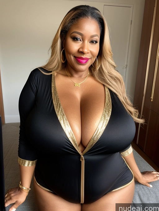 ai nude image of araffe woman in a black and gold swimsuit posing for a picture pics of Milf 80s Huge Boobs Busty Lipstick Perfect Boobs Big Ass Big Hips Chubby Pubic Hair Black Transparent Gold Jewelry Detailed Onesie