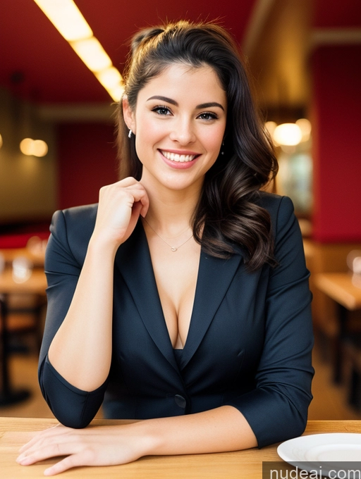 ai nude image of smiling woman in black jacket sitting at a table with a plate of food pics of Athlete One Small Tits Beautiful Big Ass Fairer Skin 20s Happy Seductive Hair Bun Latina Film Photo Restaurant Front View Blouse Jeans Suit Traditional Black Hair