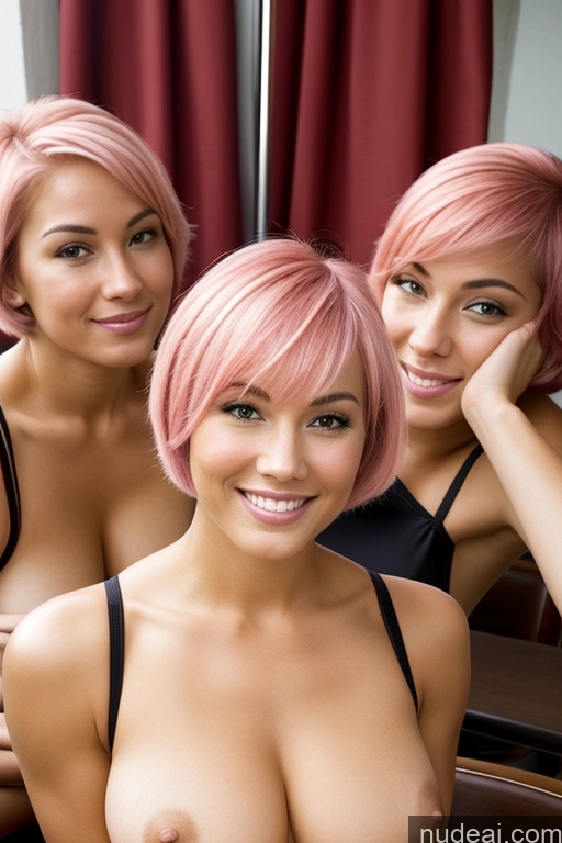 ai nude image of three women with pink hair posing for a picture in front of a mirror pics of One Perfect Body Spreading Legs Nude Athlete Big Ass Sexy Face High Heels Small Tits Beautiful 30s Pink Hair Back View Happy Short Hair Restaurant Fishnet