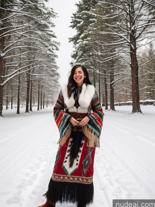 ai nude image of araffe woman in native dress standing in snow covered forest pics of Pubic Hair Black Hair Native American Skinny Small Tits Woman One 20s Laughing Traditional Snow