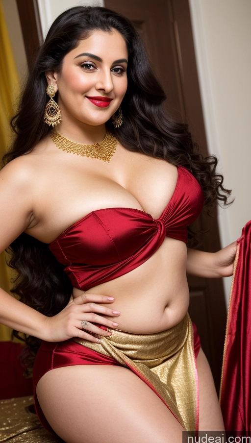 ai nude image of araffe woman in a red and gold outfit posing for a picture pics of Milf Busty Beautiful Lipstick Thick Chubby Fat Big Hips Fairer Skin 20s Happy Seductive Long Hair Russian Party Front View Straddling Sari Blouse Dirndl Victorian Cleavage Gold Jewelry