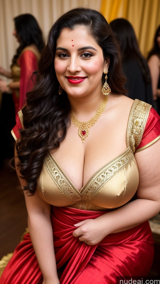 ai nude image of araffe woman in a red and gold sari posing for a picture pics of Milf Busty Beautiful Lipstick Thick Chubby Fat Big Hips Fairer Skin 20s Happy Seductive Long Hair Russian Party Front View Straddling Sari Blouse Dirndl Victorian Cleavage Gold Jewelry