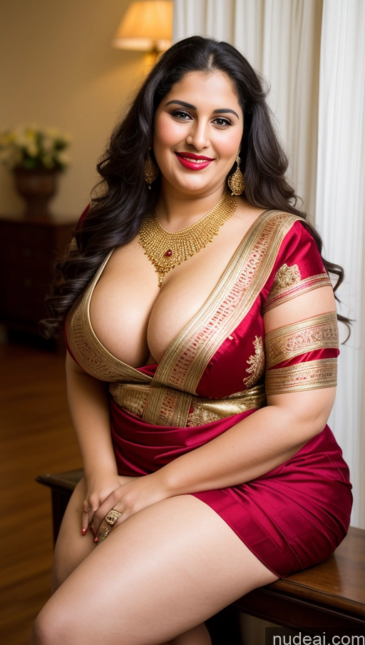 ai nude image of araffe woman in a red sari posing for a picture pics of Milf Busty Beautiful Lipstick Thick Chubby Fat Big Hips Fairer Skin 20s Happy Seductive Long Hair Russian Party Front View Straddling Sari Blouse Dirndl Victorian Cleavage Gold Jewelry