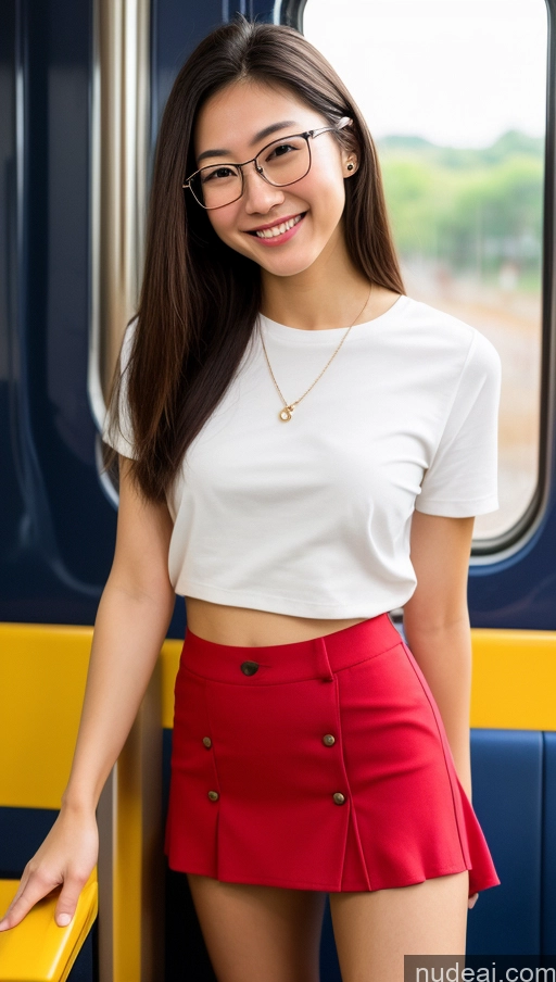 ai nude image of arafed asian woman in a white shirt and red skirt standing on a train pics of Woman One Small Tits Glasses Skinny Short Perfect Body 18 Black Hair Straight Japanese Train Spreading Legs Bright Lighting Small Ass Casual Blouse High Socks Mini Skirt Happy