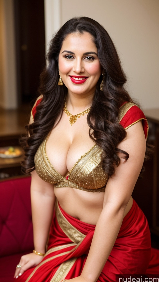 ai nude image of araffe woman in a red sari posing for a picture pics of Milf Busty Beautiful Lipstick Thick Chubby Fat Big Hips Fairer Skin 20s Happy Seductive Long Hair Russian Party Front View Straddling Sari Blouse Dirndl Victorian Cleavage Gold Jewelry