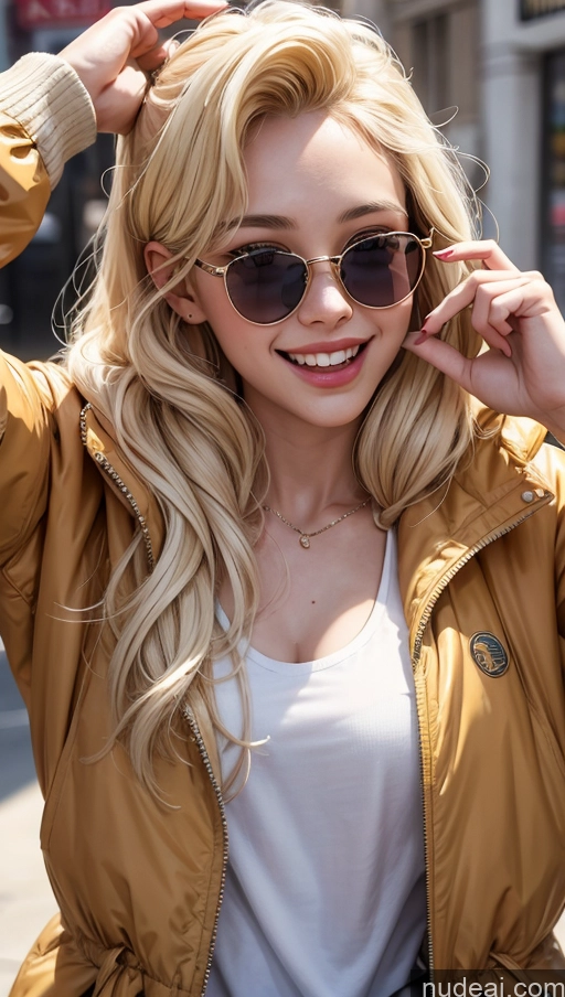 ai nude image of blonde woman with sunglasses and a white shirt posing for a picture pics of 18 Blonde Slicked Egyptian Happy Sunglasses Parka