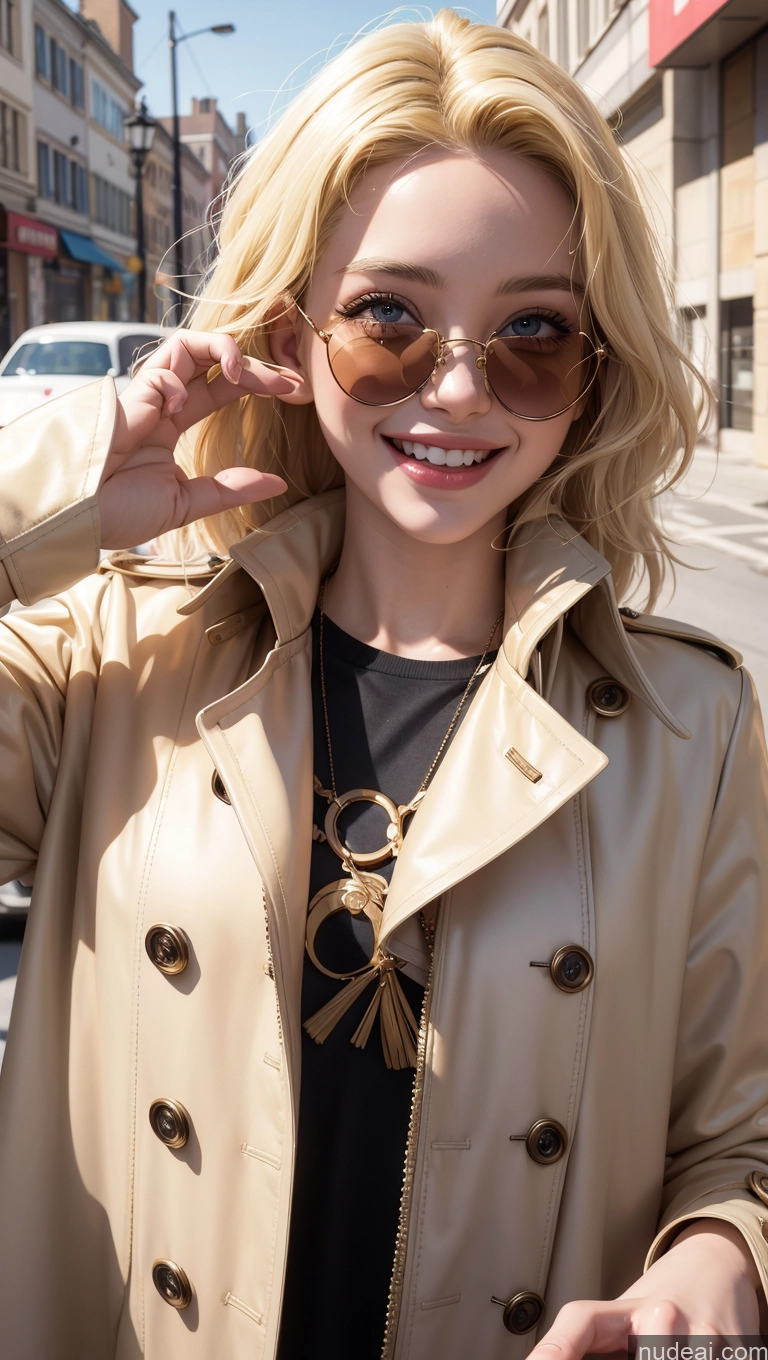 ai nude image of blond woman in a trench coat and sunglasses posing for a picture pics of 18 Blonde Slicked Egyptian Happy Sunglasses Trench Coat