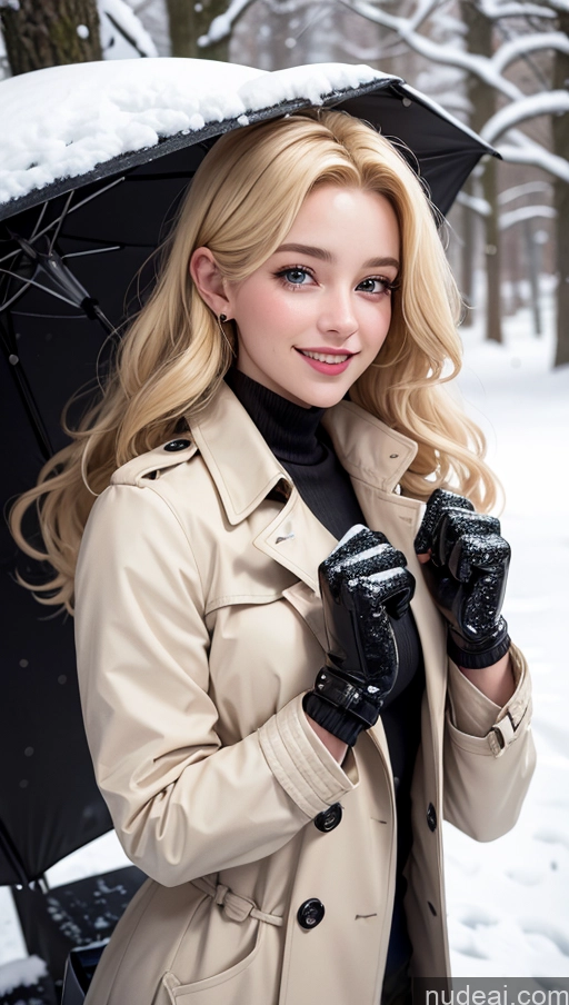 ai nude image of blonde woman in trench coat holding umbrella in snowy forest pics of 18 Blonde Slicked Egyptian Happy Trench Coat Gloves Close-up View Snow