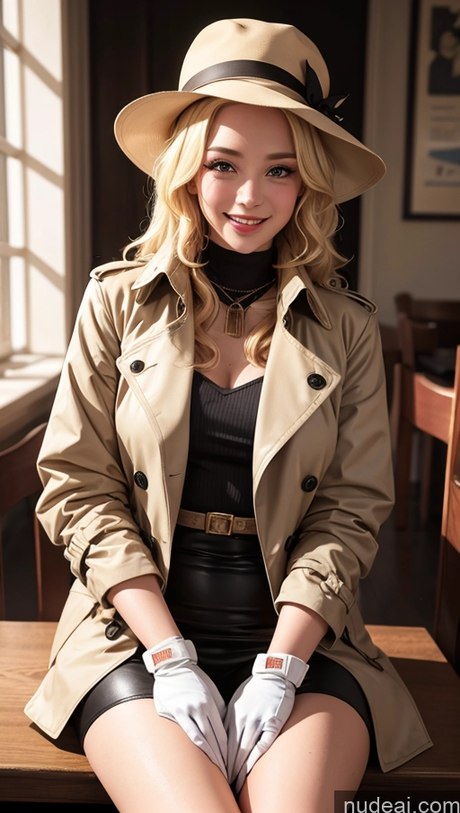 ai nude image of blond woman in a trench coat and hat sitting on a bench pics of 18 Blonde Slicked Egyptian Happy Trench Coat Gloves Close-up View Restaurant Hat