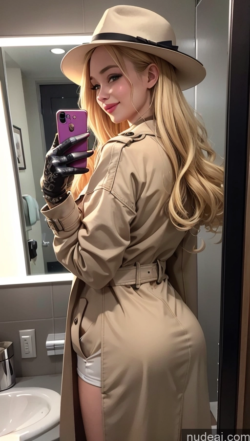 ai nude image of blonde woman in trench coat taking selfie in bathroom mirror pics of 18 Blonde Slicked Egyptian Happy Trench Coat Gloves Close-up View Hat Bathroom Mirror Selfie