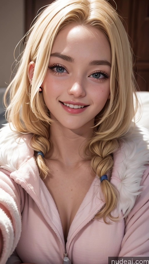 ai nude image of blonde woman with blue eyes and a pink jacket posing for a picture pics of 18 Blonde Slicked Egyptian Happy Close-up View Onesie Fur