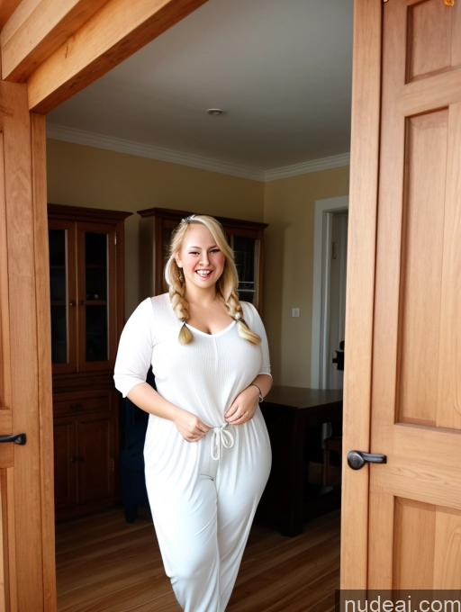 ai nude image of there is a woman standing in a doorway with a smile on her face pics of Wife Or Girlfriend Busty Fat Big Ass Big Hips Short Fairer Skin 20s Happy Blonde Pigtails Mongolian Tunic Harem Pants