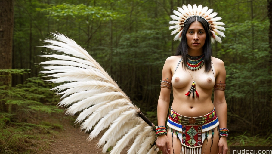 ai nude image of arafed woman in native dress with feather headdress in forest pics of One Small Tits Skinny Short Pubic Hair Fairer Skin 20s Black Hair Native American Traditional