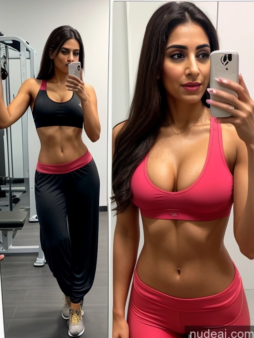 ai nude image of arafed woman in a pink sports bra top taking a selfie pics of Two Woman + Man Abs 20s Shocked Brunette Long Hair Arabic Mirror Selfie Gym Front View Cumshot Salwar Detailed